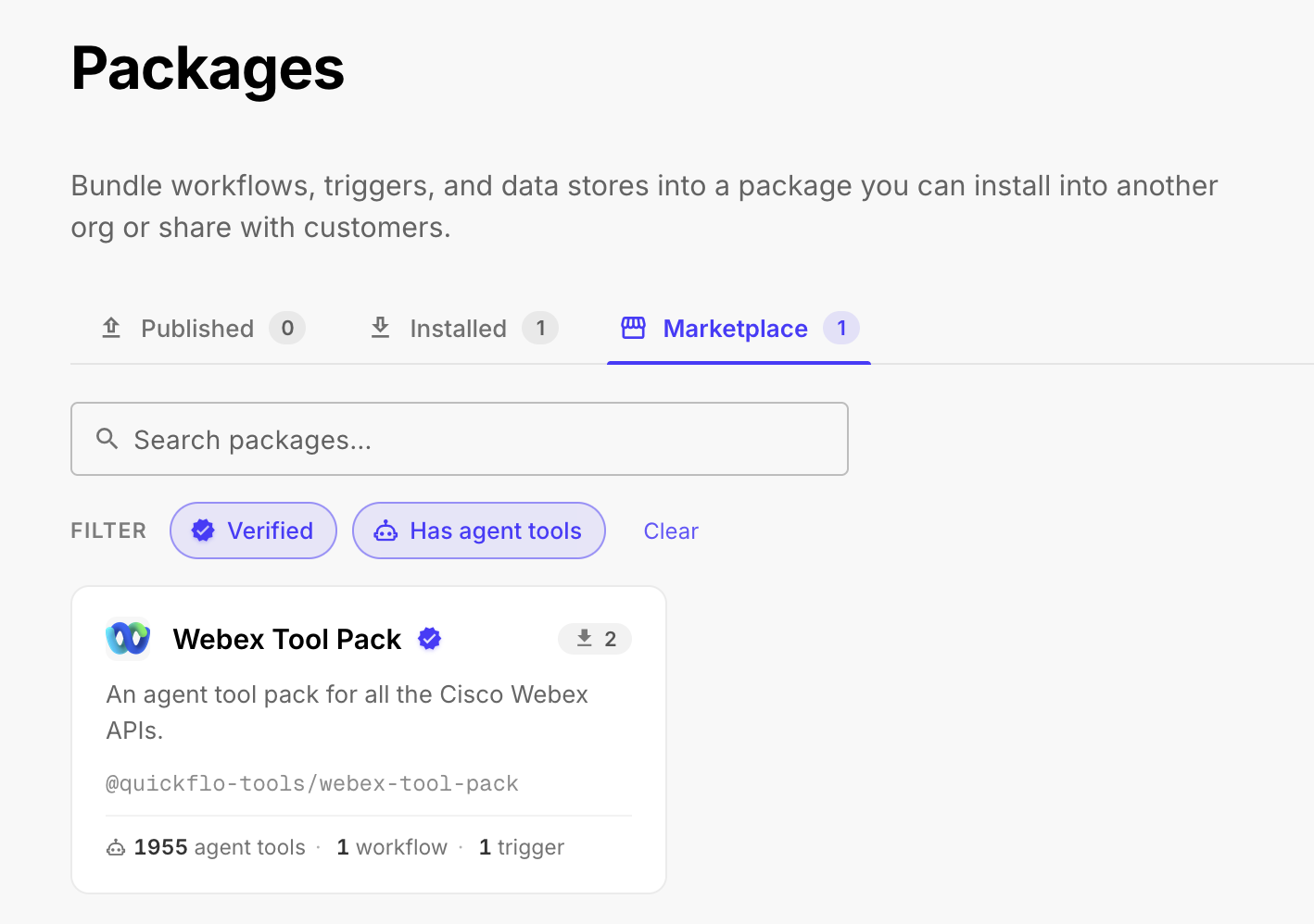 QuickFlo marketplace showing the verified Cisco Webex tool pack