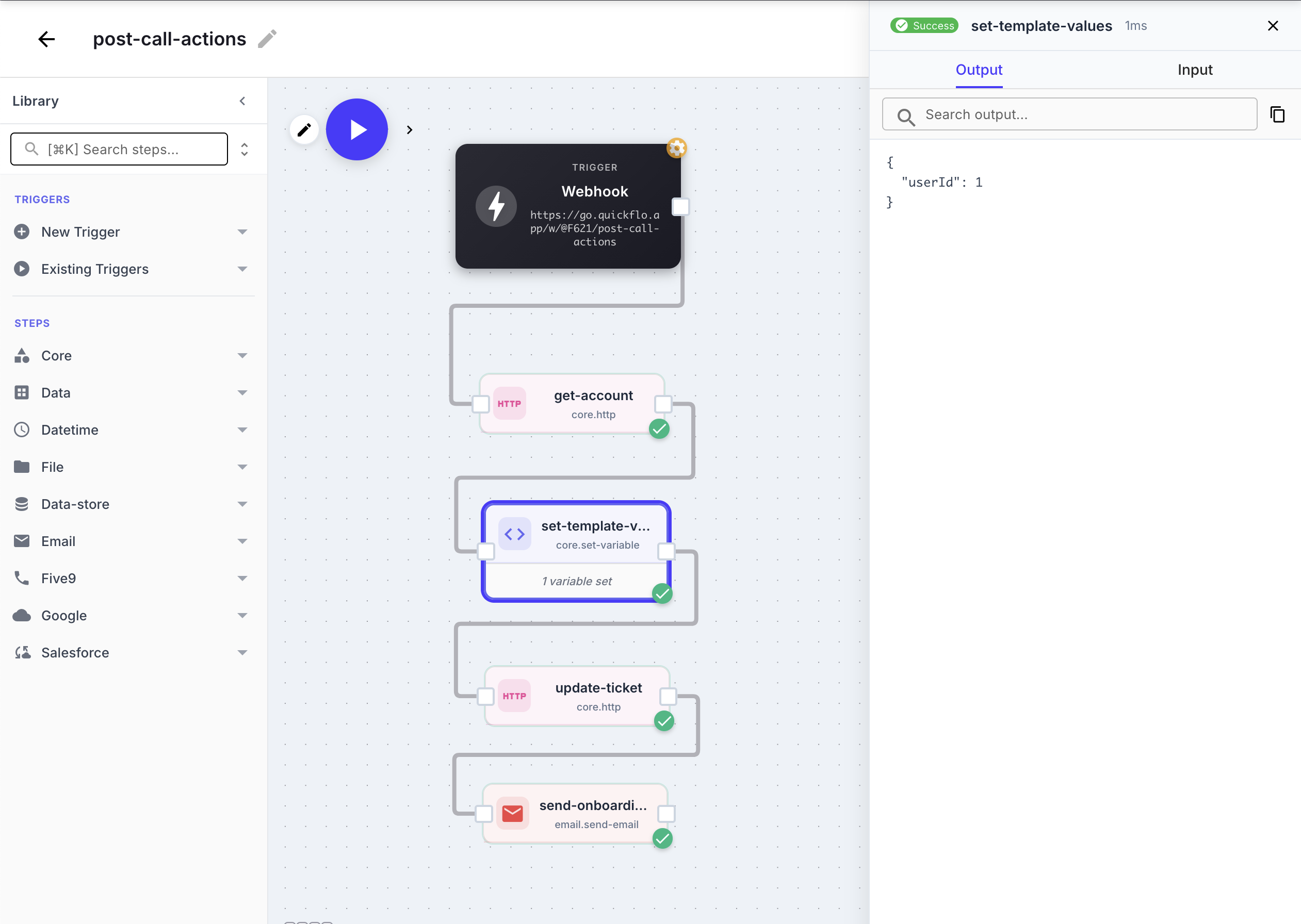 QuickFlo visual workflow builder showing automated data sync workflow